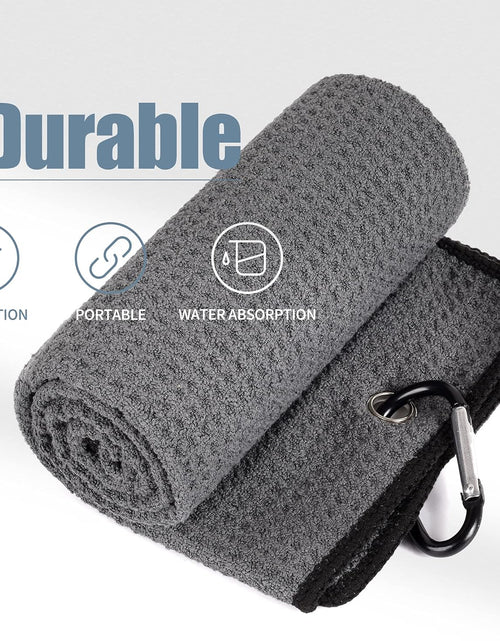 Load image into Gallery viewer, Microfiber Waffle Pattern Tri-Fold Golf Towel | Brush Tool Kit with Club Groove Cleaner, Retractable Extension Cord and Clip
